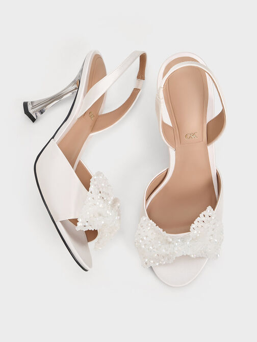 Recycled Polyester Beaded Bow Slingback Pumps, White, hi-res