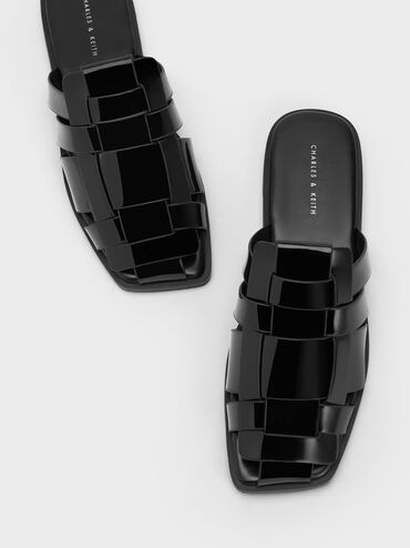 Patent Woven Flat Mules, Black Patent, hi-res