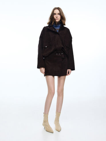 인조 스웨이드 포인티드 힐 앵클 부츠, 베이지, hi-res