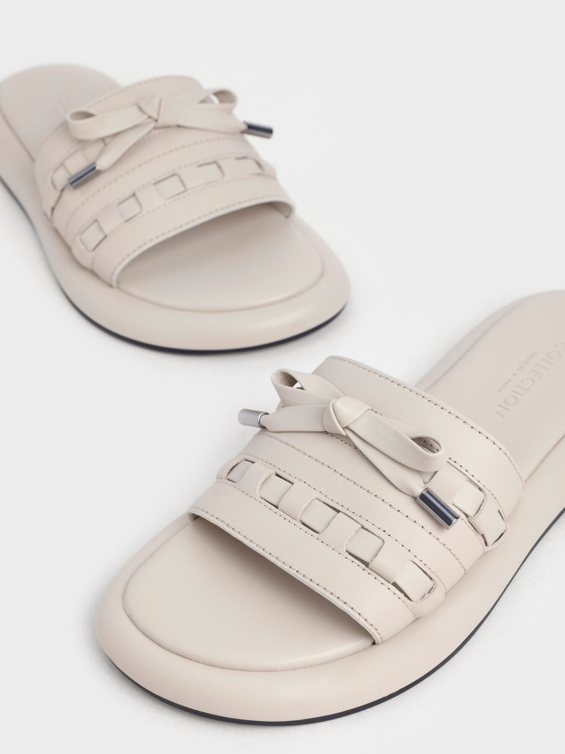 Bow-Tie Leather Slide Sandals, Chalk, hi-res
