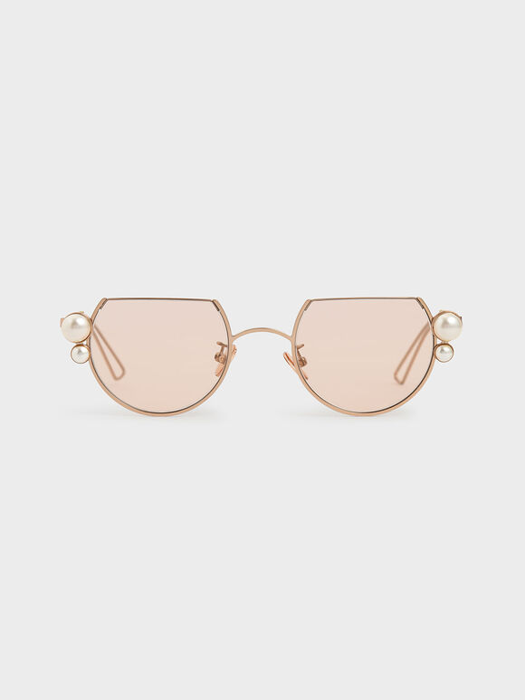 Swarovski® Crystal Pearl Embellished Cut-Off Round Sunglasses, Rose Gold, hi-res