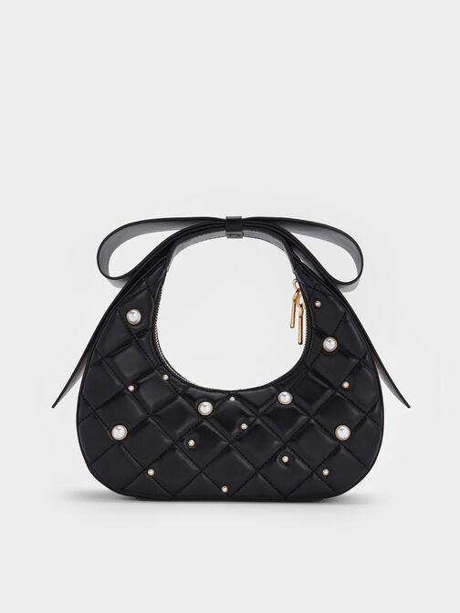 Janie Quilted Pearl Bow-Handle Bag, Black, hi-res
