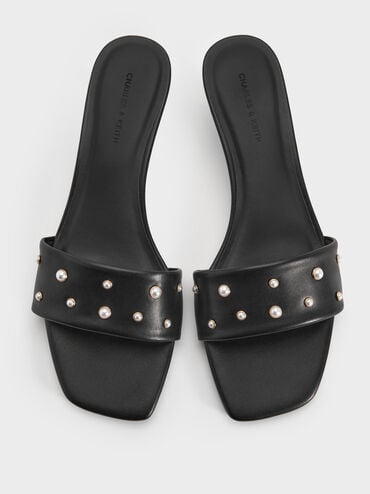 Susie Pearl-Embellished Square-Toe Kitten-Heel Mules, Black, hi-res