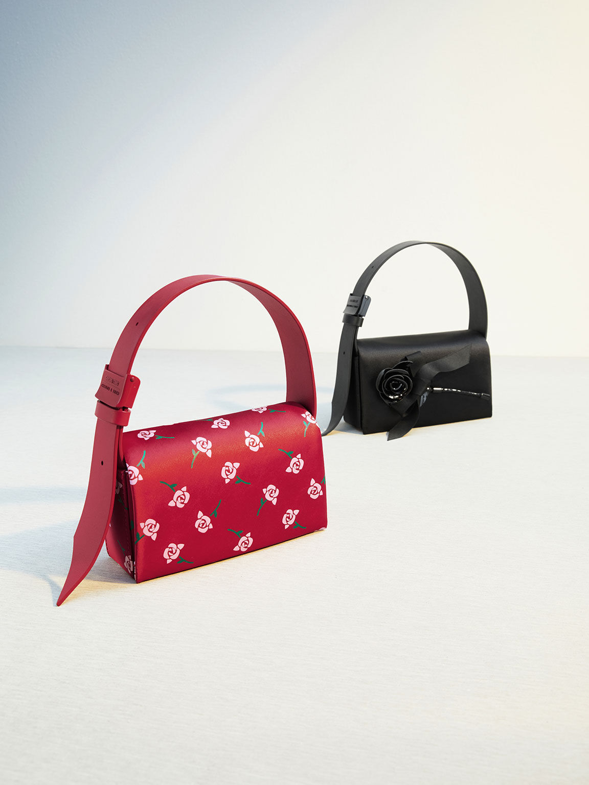 Chloris Satin & Leather Rose-Print Shoulder Bag, Red, hi-res