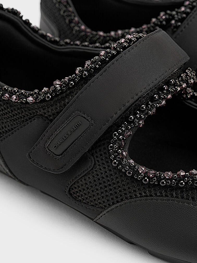 Mesh Pearl-Embellished Mary Jane Sneakers, Black Textured, hi-res