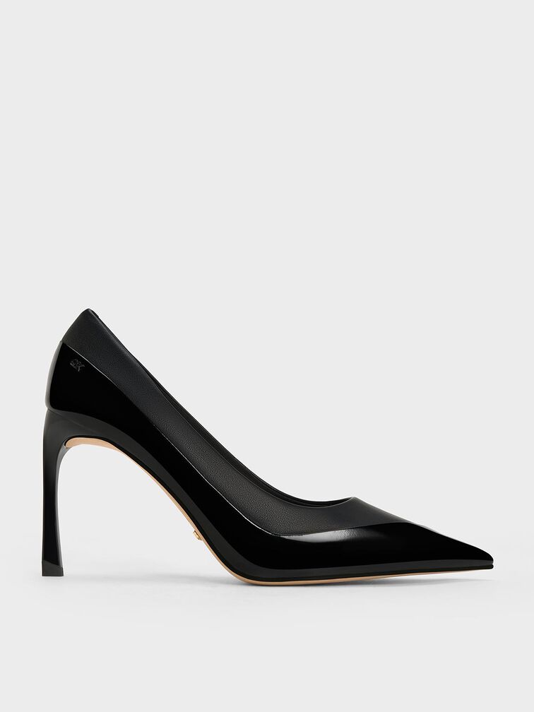 Leather & Patent Pointed-Toe Pumps, Black, hi-res