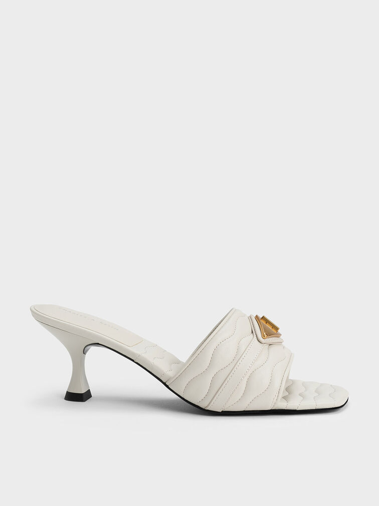 Metallic Accent Padded Heeled Mules, Chalk, hi-res