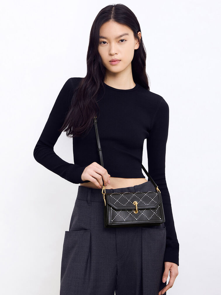 Black Marietta Textured Quilted Crossbody Bag - CHARLES & KEITH US