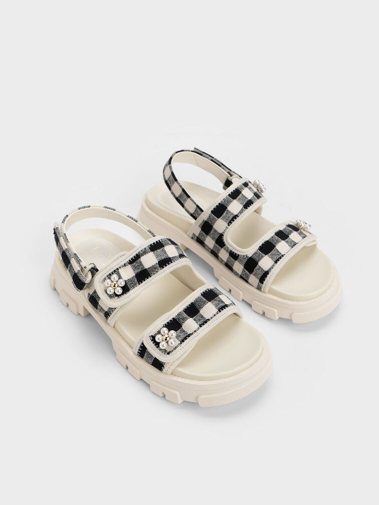 Girls' Floral Beaded Gingham Sports Sandals, Black, hi-res
