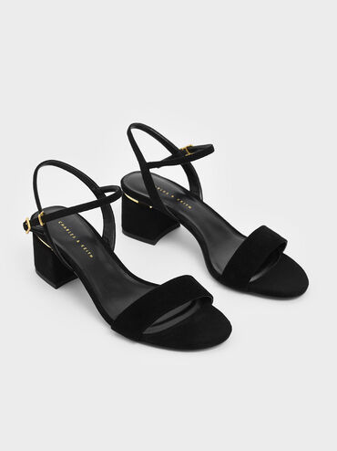 Open Toe Ankle Strap Block Heel Sandals, Black Textured, hi-res
