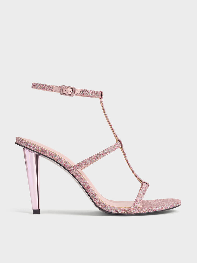Sandalias de pulsera con barra en T y purpurina, Rosa, hi-res