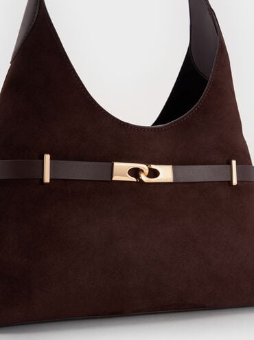 Arlet Recycled Suede Metallic-Accent Belted Hobo Bag, Espresso Brown, hi-res