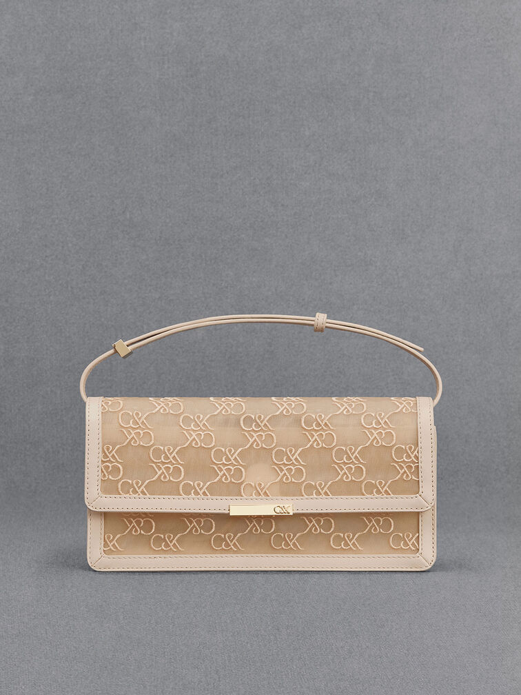 Bolso de malla y cuero con monograma, Beige, hi-res