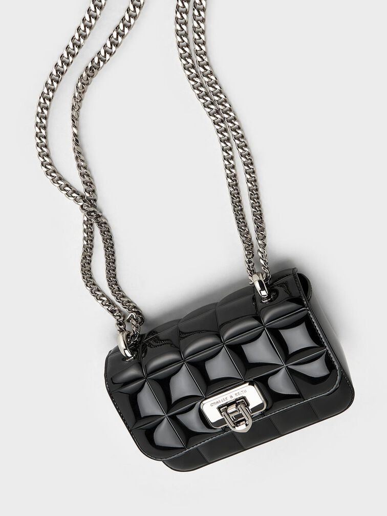 Patent Square-Quilted Chain-Handle Bag, Noir, hi-res
