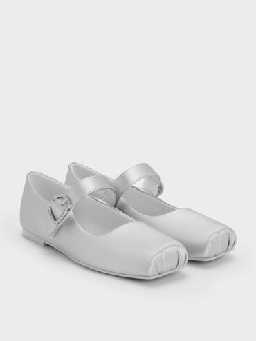 Girls' Pearlescent Crystal-Buckle Square-Toe Mary Jane Flats, Silver, hi-res