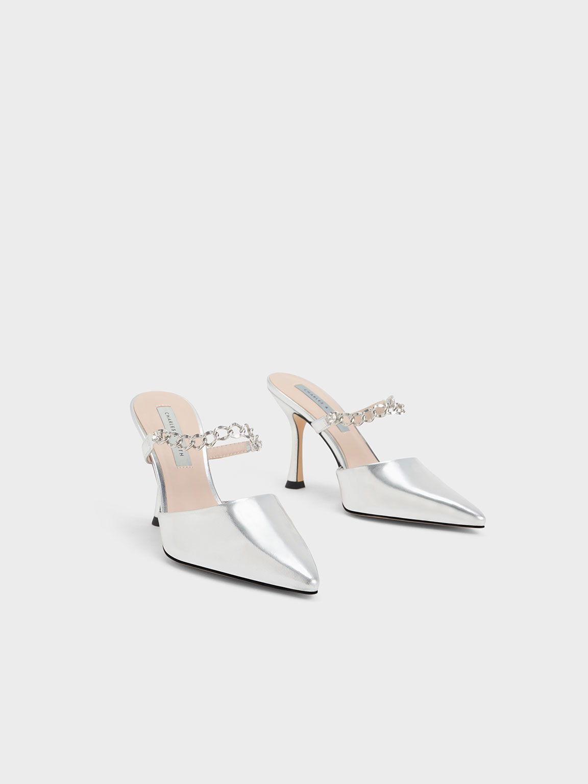 Chain-Link Strap Heeled Mules, Silver, hi-res