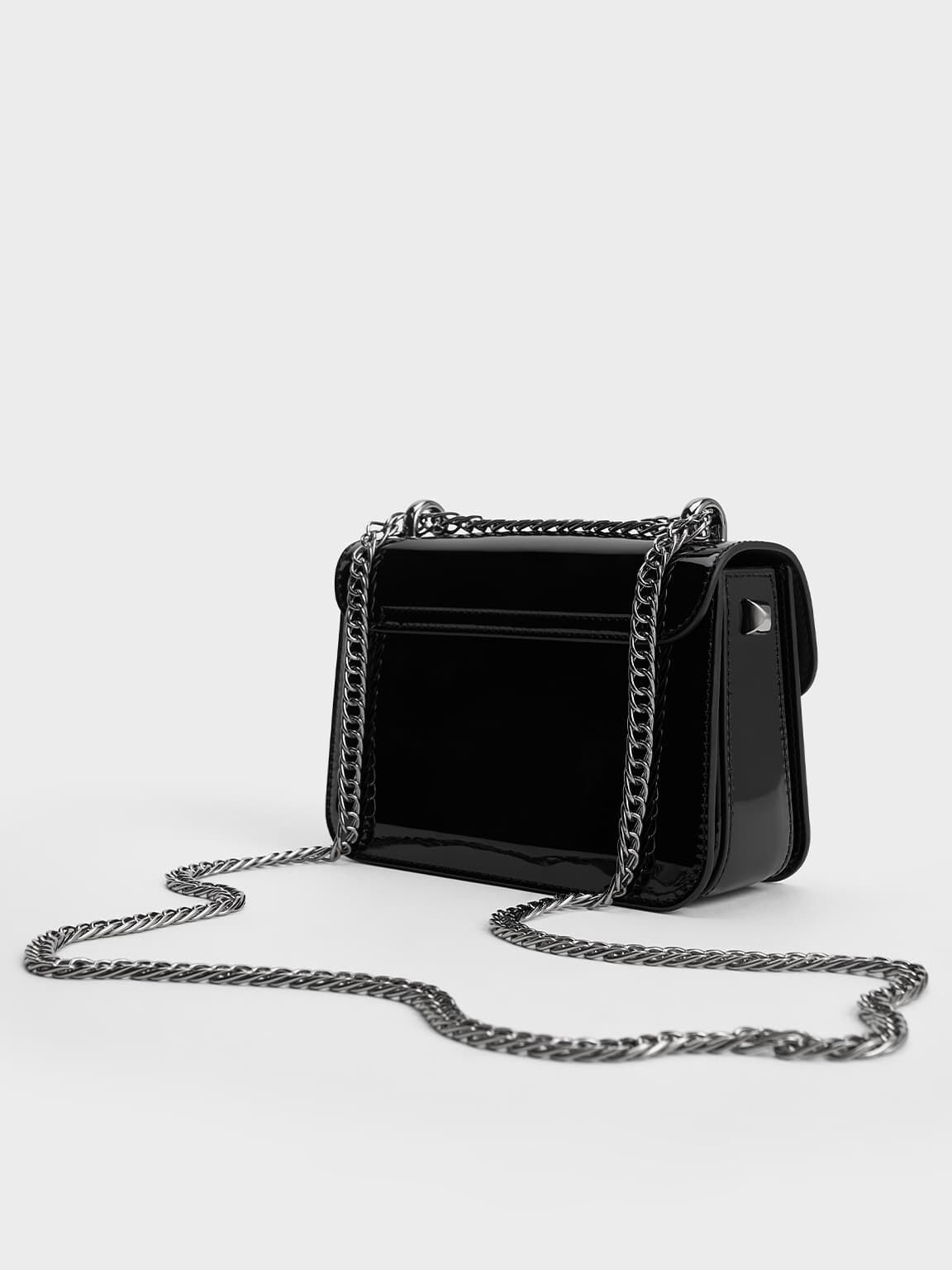 Alva Patent Push Lock Chain Bag Black