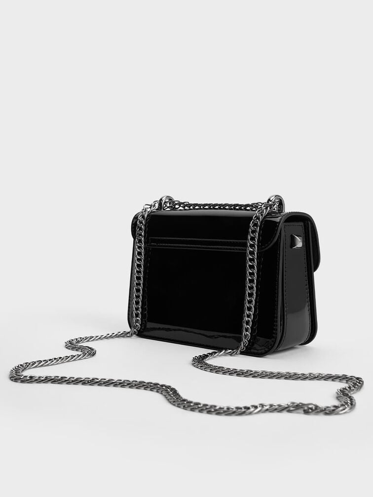Alva Patent Push-Lock Chain Bag, Black, hi-res