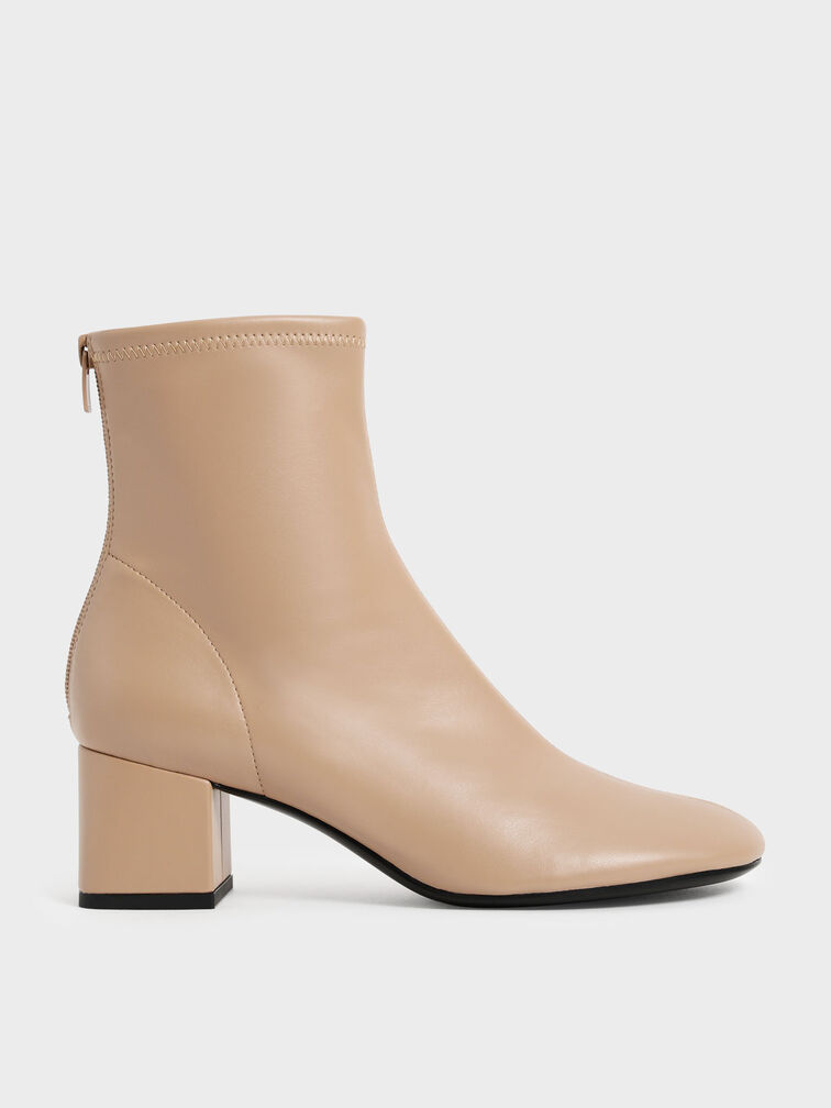 Beige Block Heel Ankle Boots - CHARLES & KEITH CO