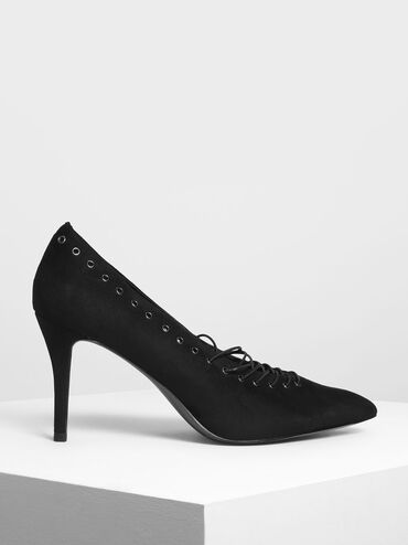 Lacing Detail Court Shoes, Black, hi-res