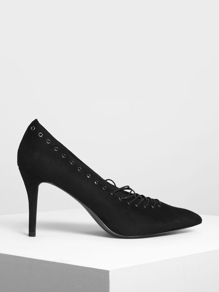 Lacing Detail Court Shoes, Black, hi-res