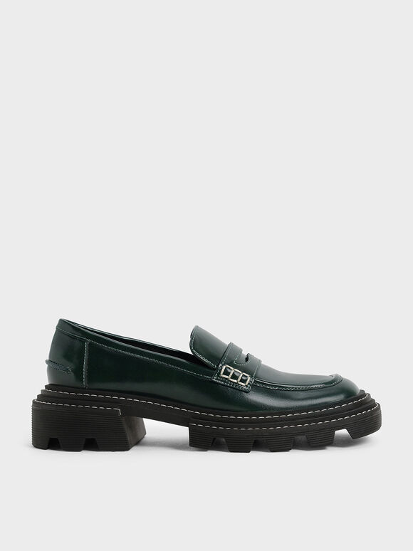 Perline Chunky Penny Loafers, Dark Green, hi-res