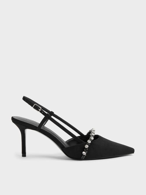 Faux Suede Crystal Slingback Pumps, Black Textured, hi-res