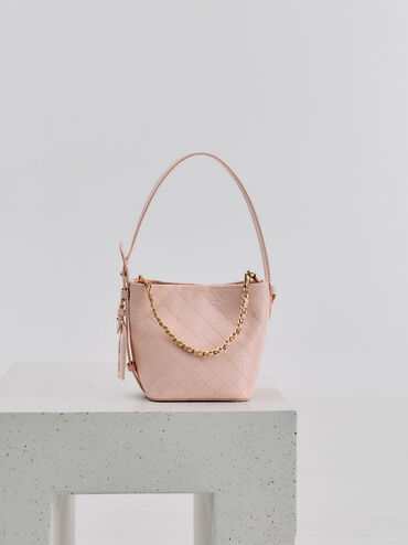 Bolso saco Duo acolchado con cadena, Rosa suave, hi-res