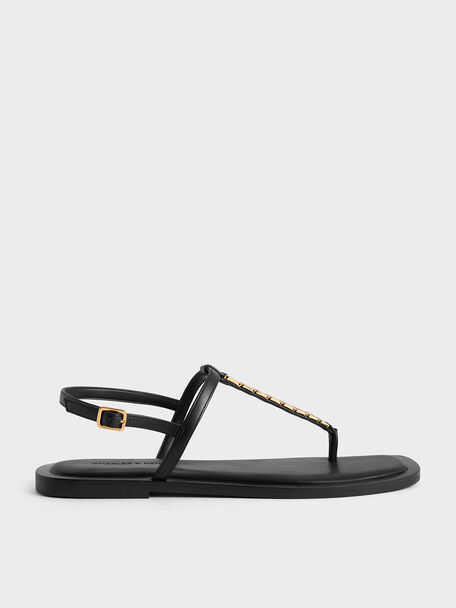Chain-Link Thong Sandals, Black, hi-res