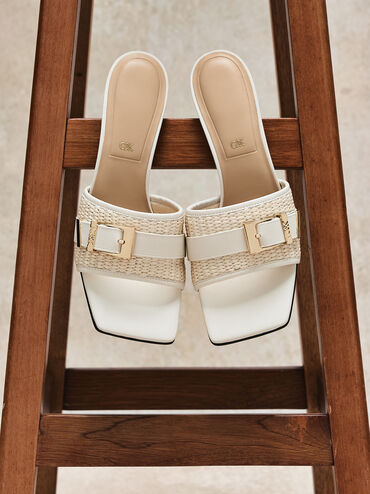 Mules con tacón en piel y rafia con hebilla Whitney, Blanco, hi-res