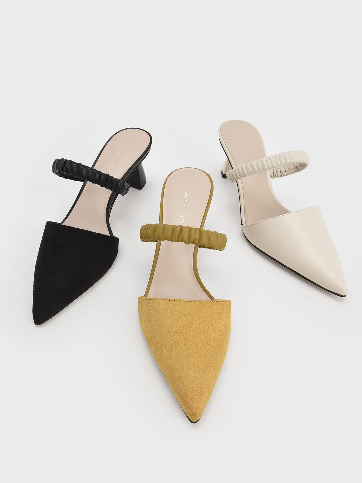 Ruched Strap Textured Mules, Black, hi-res