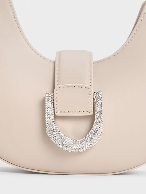 Gabine Leather Crystal-Embellished Hobo Bag, Cream, hi-res