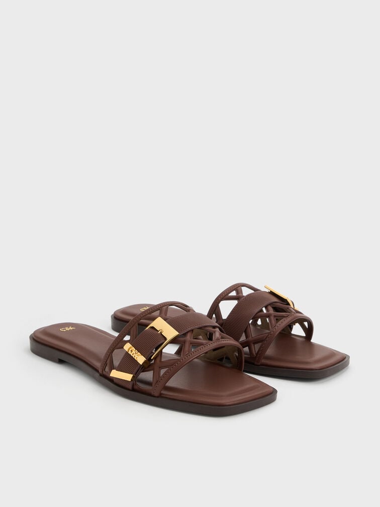 Whitney Leather Cut-Out Slide Sandals, Brown, hi-res
