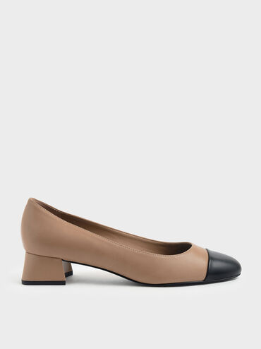 Two-Tone Round Toe Curved Block Heel Pumps, Nude, hi-res