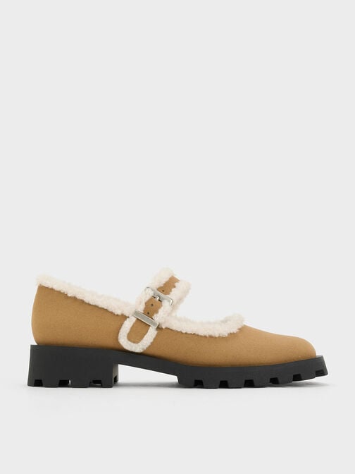 Textured Fur-Trim Buckled Mary Janes, Khaki, hi-res