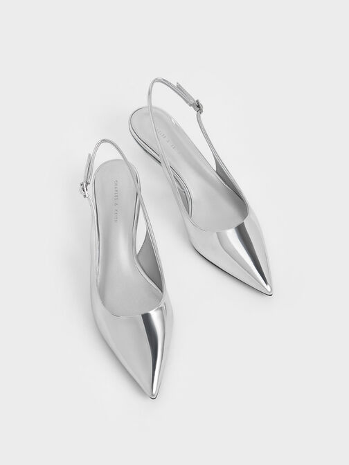 Metallic Pointed-Toe Slingback Pumps, Silver, hi-res