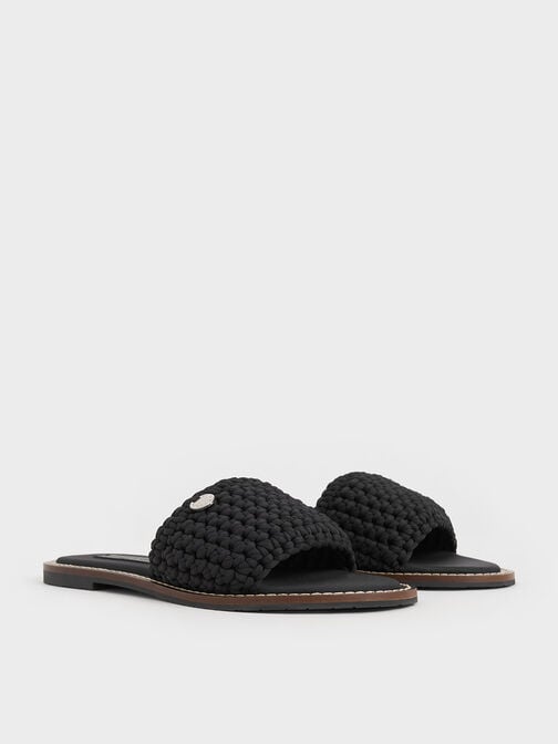 Woven Slide Sandals, Black Textured, hi-res