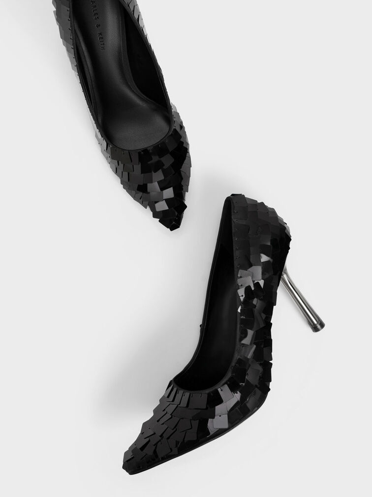 Sequinned Stiletto Heel Pumps, Black, hi-res