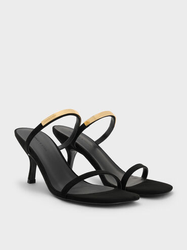 Faux Suede Metallic-Accent Double-Strap Heeled Sandals, Black Textured, hi-res