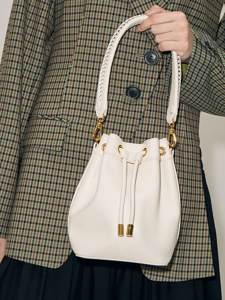 Braided-Handle Drawstring Bucket Bag, Cream, hi-res