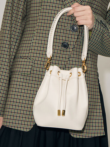 Braided-Handle Drawstring Bucket Bag, Cream, hi-res