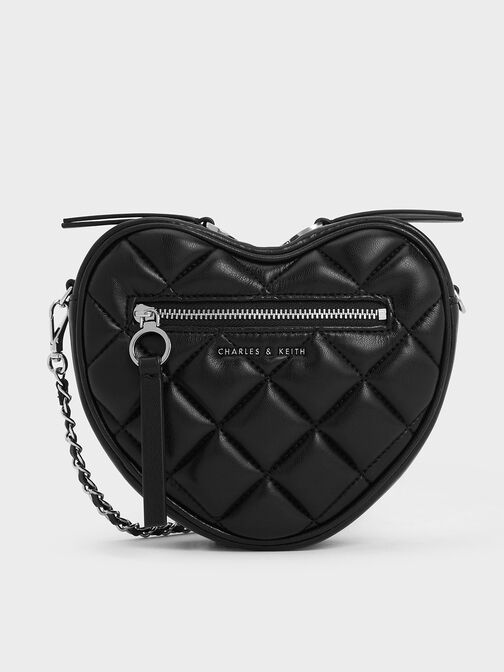 Bolso cruzado Philomena en forma de corazón efecto acolchado, Noir, hi-res