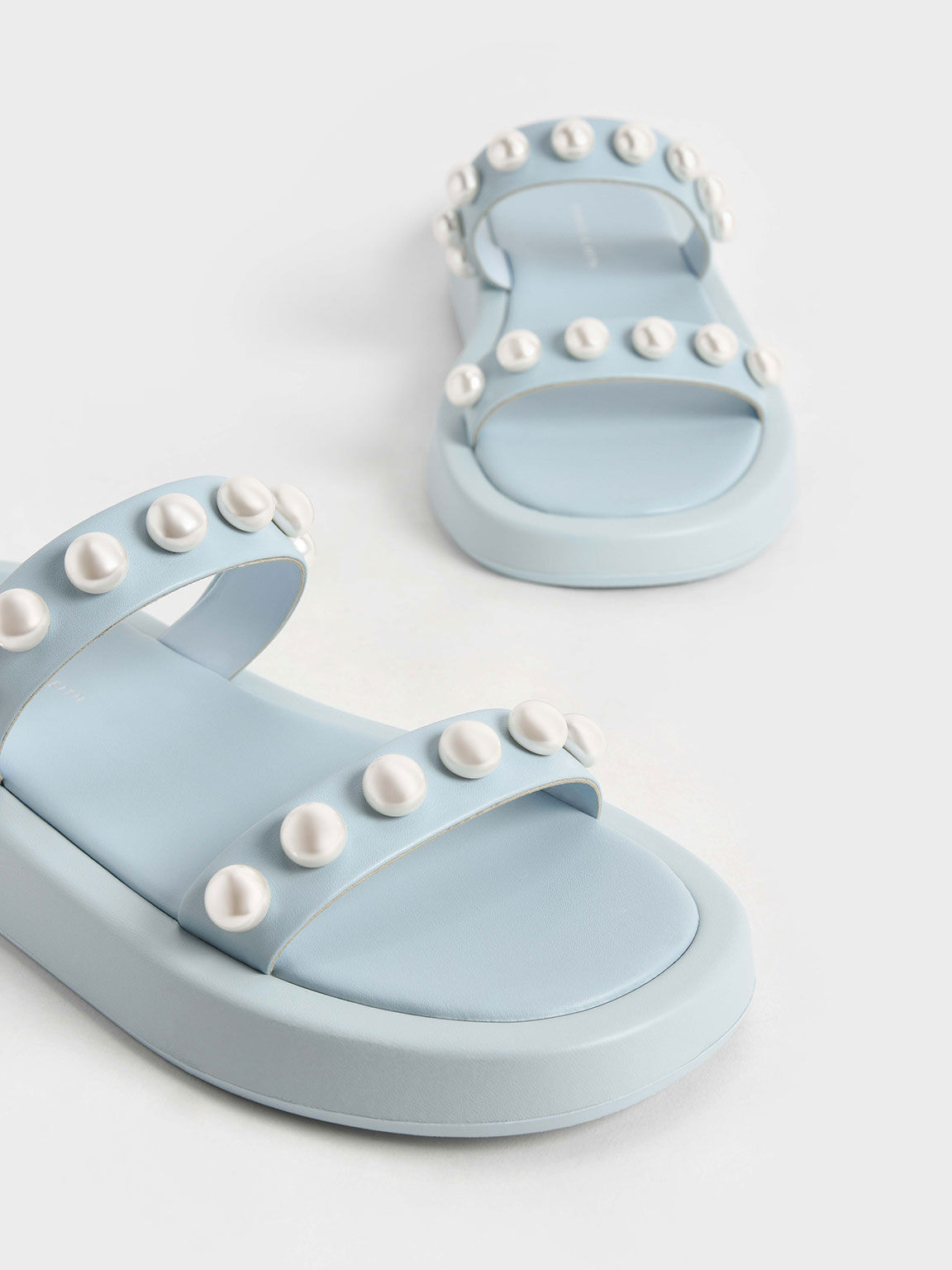 Pearl-Embellished Slide Sandals, Light Blue, hi-res