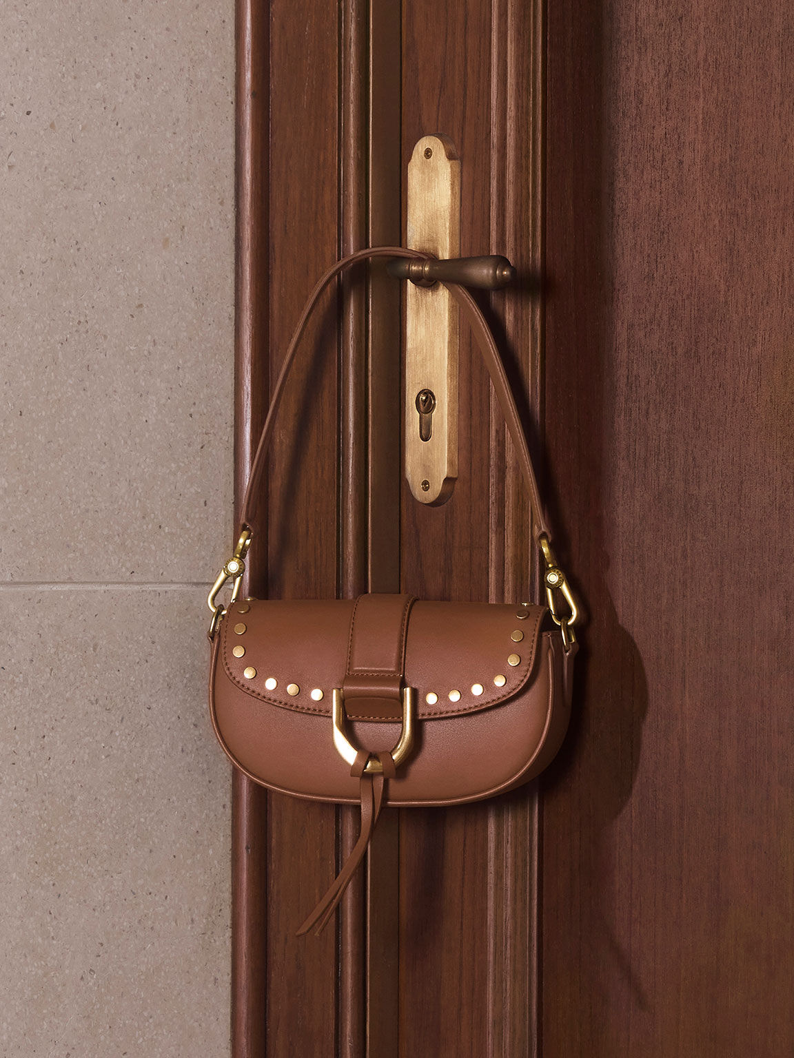 Brown Gabine Studded Leather Shoulder Bag - CHARLES & KEITH QA