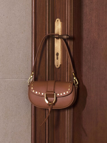 Gabine Studded Leather Shoulder Bag, Brown, hi-res