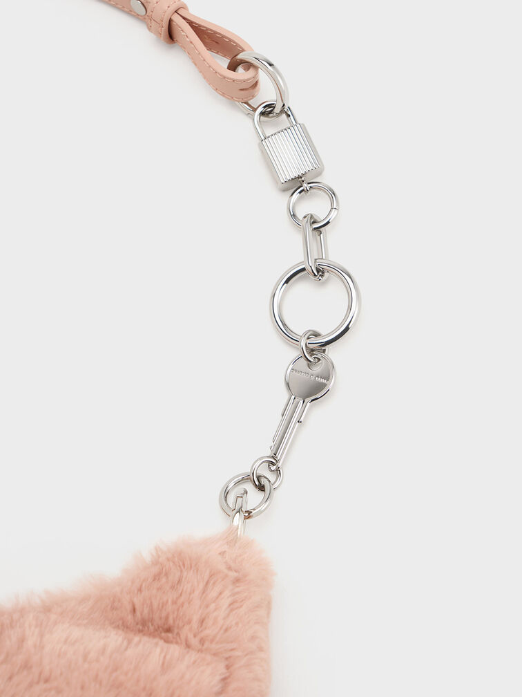 Furry Lock & Key Chain Handle Bag, Pink, hi-res