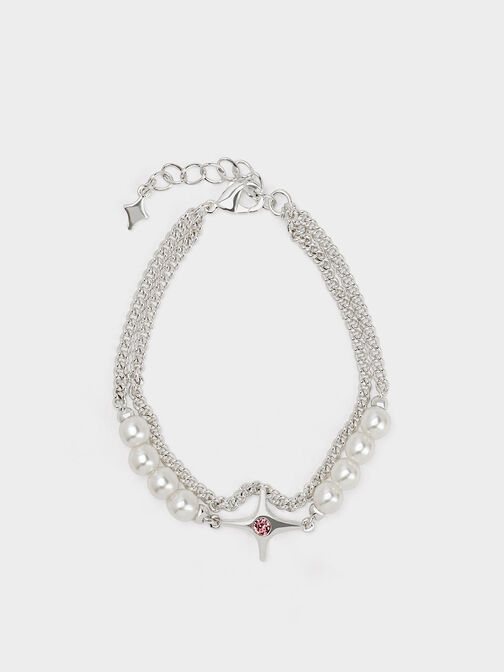 Pulsera Estelle de doble cadena con detalles de perla y estrella, Plateado, hi-res