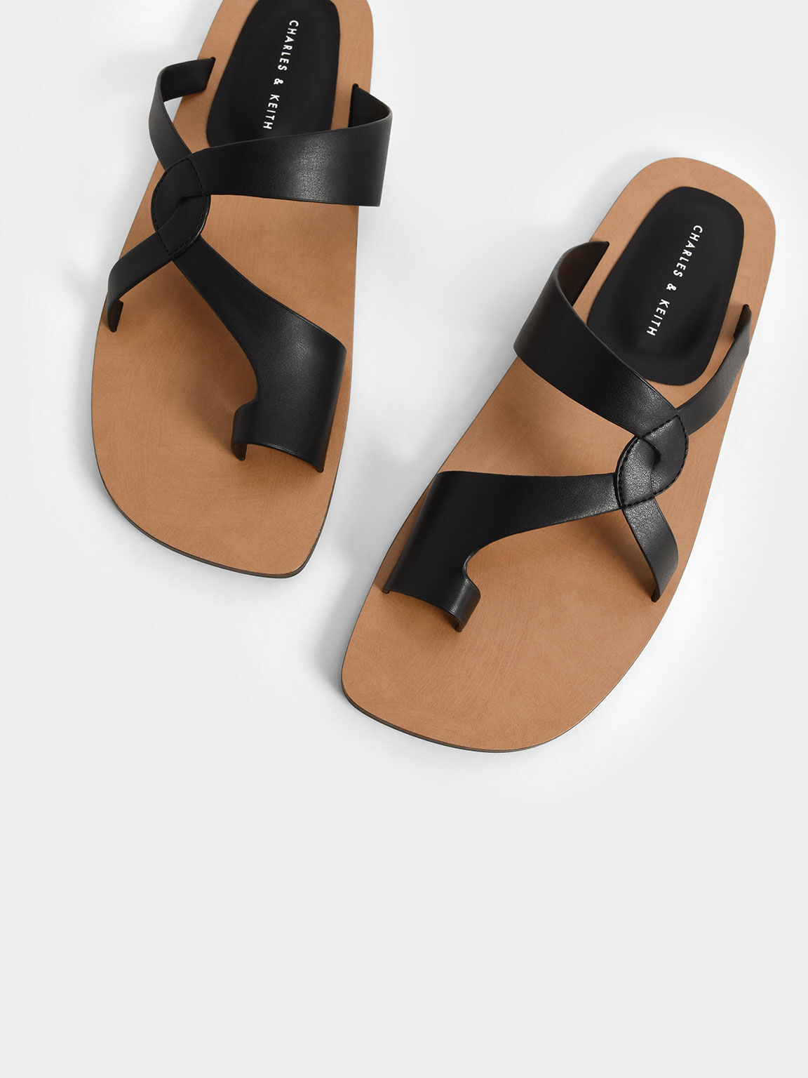 Toe-Ring Strappy Slide Sandals, Black, hi-res