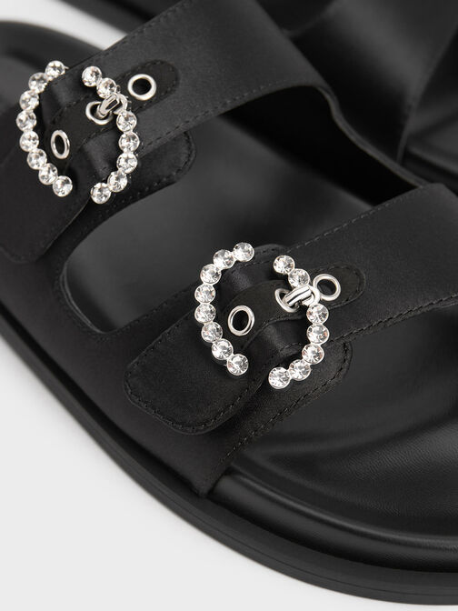 Recycled Polyester Embellished Buckle Sandals, Black Textured, hi-res