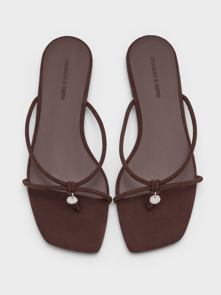 Faux Suede Metallic-Charm Strappy Thong Sandals, Dark Brown Textured, hi-res